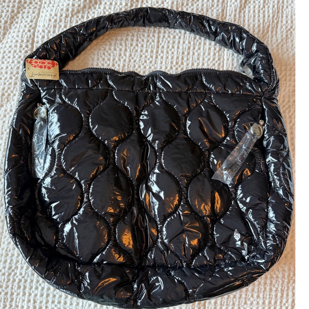FP Movement Quilted Carryall Bag Black Patent Puffer Tote NWT